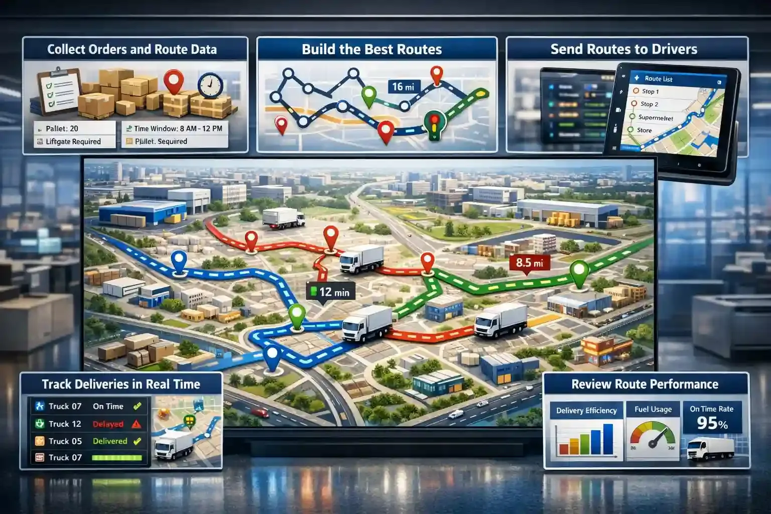 Route management dashboard showing optimized delivery routes and fleet tracking